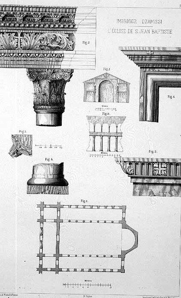 Plan and architectural details of Imbrohor Dzamissi, the Church of St. John the Baptist, from 