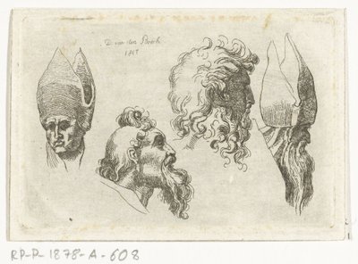 Study Sheet with Four Heads, Two with a Mitre by D. van den Bosch