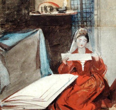 A Lady in a Medieval Costume studying the Contents of a Portfolio by Daniel Maclise