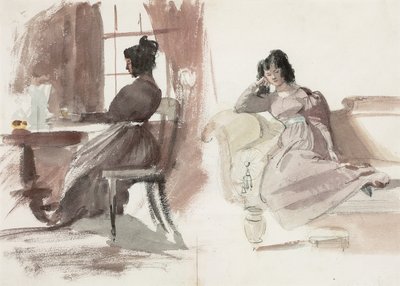 Studies of a young lady in a pink dress, seated at her desk and seated on a chaise longue by Daniel Maclise