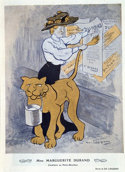Marguerite Durand pasting her election poster, illustration from 