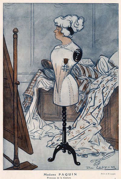 Madame Jeanne Paquin (1869-1936), French couturiere, represented with the cross of the Legion of Honour which she has just obtained - illustration by Daniel De Losques in Fantasio of 1913 by Daniel de Losques