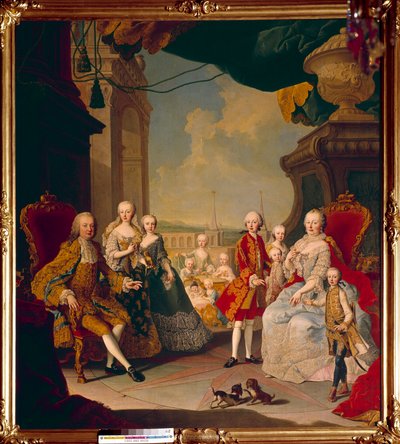 Francois I of the Holy Empire (1708-1765) and his wife the Empress Marie Therese I (1717-1780) with their eleven children on the terrace of the castle of Schonbrunn. The future queen Marie Antoinette poses in the centre still baby. by Daniel (and Studio) (after) Mytens