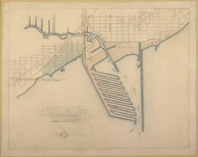 Plate 72 from The Plan of Chicago, 1909: Chicago. Sketch Diagram of Docks Suggested at the Mouth by Daniel Burnham