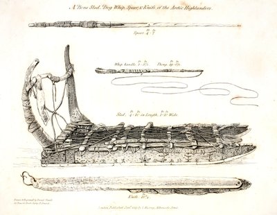 A Bone Sled, Dog Whip, Spear and Knife of the Arctic Highlanders, illustration from 