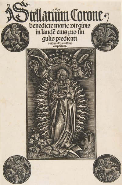 Virgin on a Crescent, Title-page from Pelbartus de Temesvar: Stellarium corone Schr. 2869 by Daniel Hopfer.