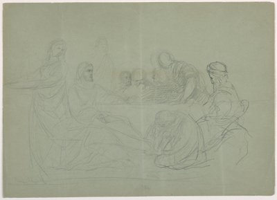 Mary Washing the Feet of Christ, Several Men Seated at a Table; Verso: Notes, 1852 by Daniel Huntington