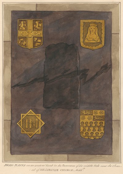 Brass Plates on an Unidentified Tomb in the Pavement of the Middle Aisle Near the Chancel by Daniel Lysons