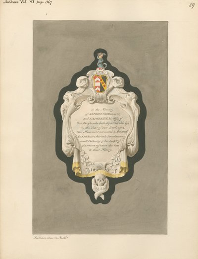 Memorial to Anthony and Katherine Nourse from Fulham Church by Daniel Lysons