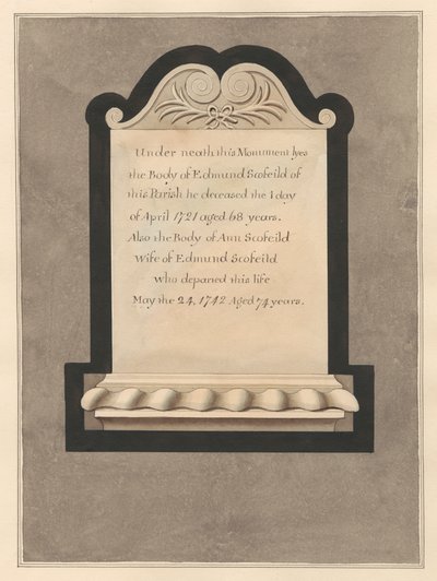 Memorial to Edmund Scofield and his wife Ann from Cowley Church by Daniel Lysons