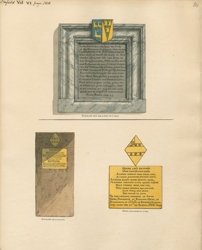 Memorial to Elizabeth Grene also of Anne Grey from Enfield Church by Daniel Lysons