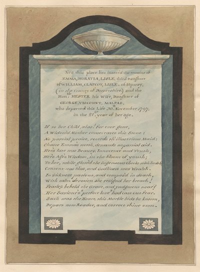Memorial to Emma Horatia Lisle from Hampton Church by Daniel Lysons