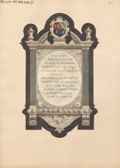 Memorial to Humphry Primat, Nathaniel and Ann Primat from Hampton Church by Daniel Lysons