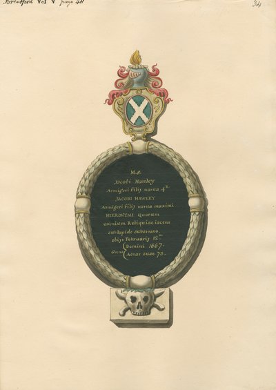 Memorial to Jacob Hawley from Brentforth Church by Daniel Lysons