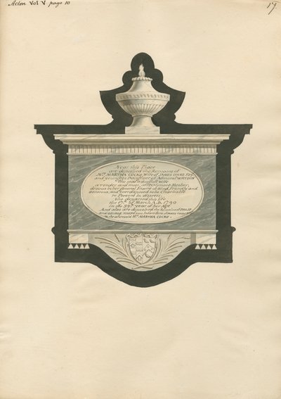Memorial to Martha, Philip and George Joseph Cocks from Acton Church by Daniel Lysons
