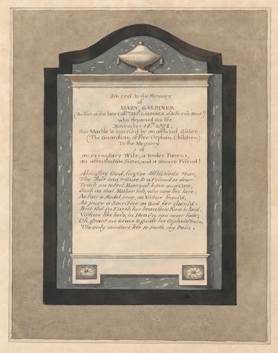 Memorial to Mary Gardiner from Hampton Church by Daniel Lysons
