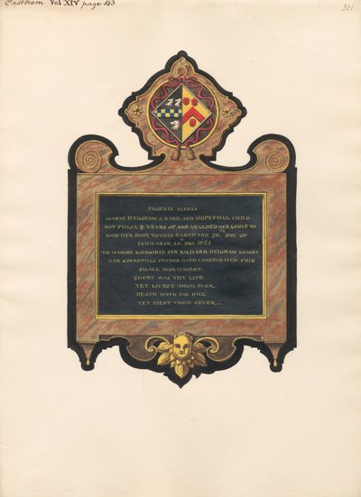 Memorial to Mary Heigham from East Ham Church by Daniel Lysons