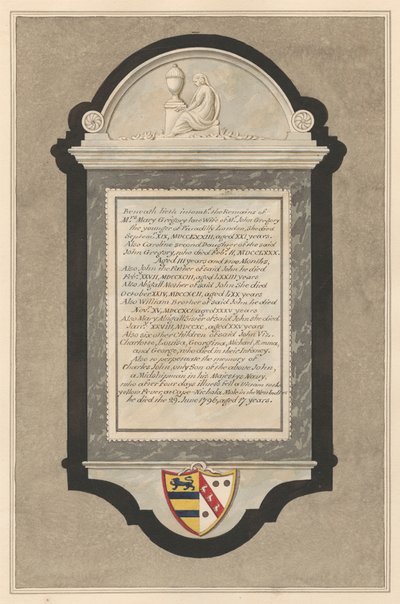 Memorial to Mrs. Mary Gregory, Caroline Gregory, John Gregory, Abigail Gregory, William Gregory, Mary Abigail Gregory, Six Children: Charlotte, Louisa, Georgina, Michael, Emma and George Gregory and Charles John Gregory from Cranford Church by Daniel Lysons