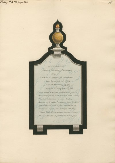 Memorial to Rebecca Wife of John Ward from Ealing Church by Daniel Lysons