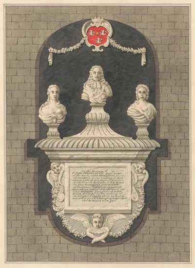 Memorial to Sir John Benett and his wives Elizabeth and Bridget from Harlington Church by Daniel Lysons