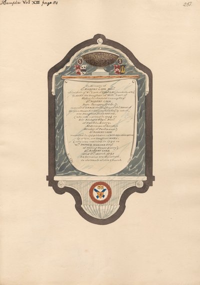 Memorial to Sir Robert Carr from Hampton Church by Daniel Lysons