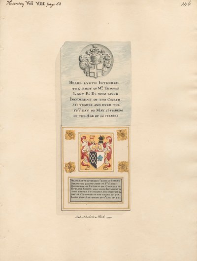 Memorial to Thomas Lant and Robert Harington from Hornsey Church by Daniel Lysons