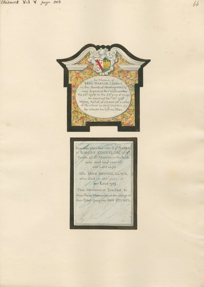 Memorial to Vere Warner also Robert and Jane Kennel from Chiswick Church by Daniel Lysons