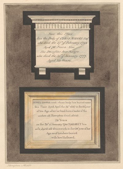 Memorials to Cyrus Maigre, Ann Maigre and Henry and Margaret Cooper from Hampton Church by Daniel Lysons