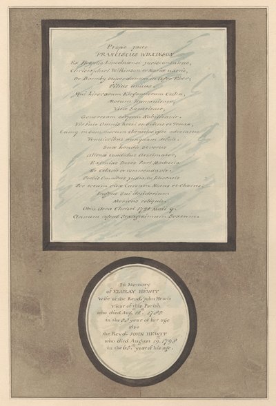 Memorials to Francis Wilkson and John and Eluzay Hewitt from Feltham Church by Daniel Lysons