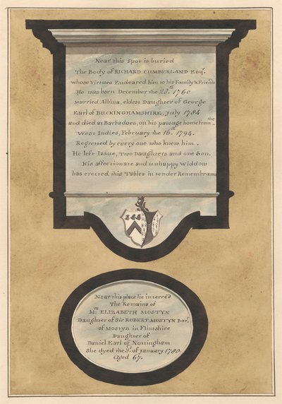 Memorials to Richard Cumberland and Mrs. Elizabeth Mosteyn from Hampton Church by Daniel Lysons