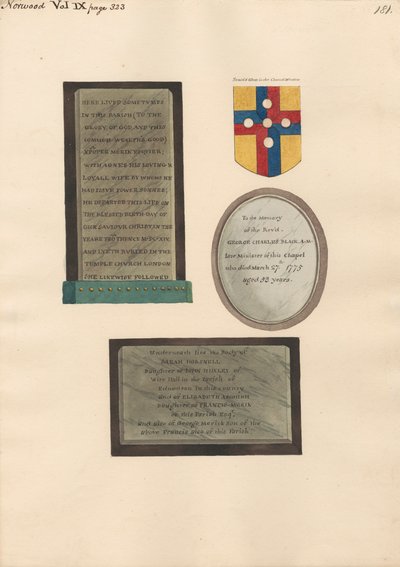 Memorials to Christopher and Agnes Merick, George Charles Black, and Sarah Horsnell, Elizabeth Ascough, and George Merick by Daniel Lysons