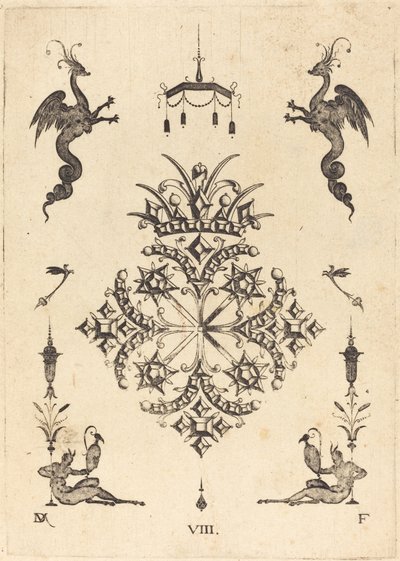 Brooch with Fantasy Animals at Top and Fauns with Vases at Bottom by Daniel Mignot