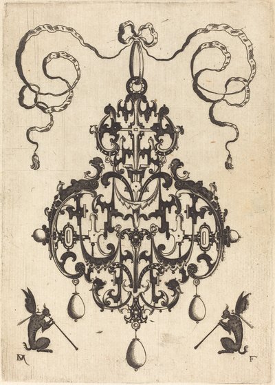 Large Pendant, Two Winged Fantasy Creatures with Trumpets at Bottom by Daniel Mignot