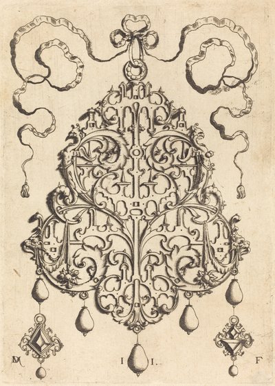 Large Strapwork Pendant with Two Hangers as Earrings at Left and Right by Daniel Mignot