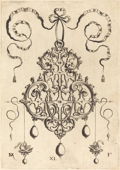 Strapwork Pendant with Two Swans as Earrings at Left and Right by Daniel Mignot