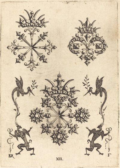 Three Brooches with Winged Snakes at Left and Right and Winged Griffins at Bottom by Daniel Mignot