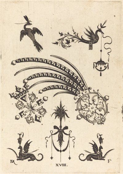 Two Brooches with Bird and Winged Snake at Top and Griffins with Vases at Bottom by Daniel Mignot