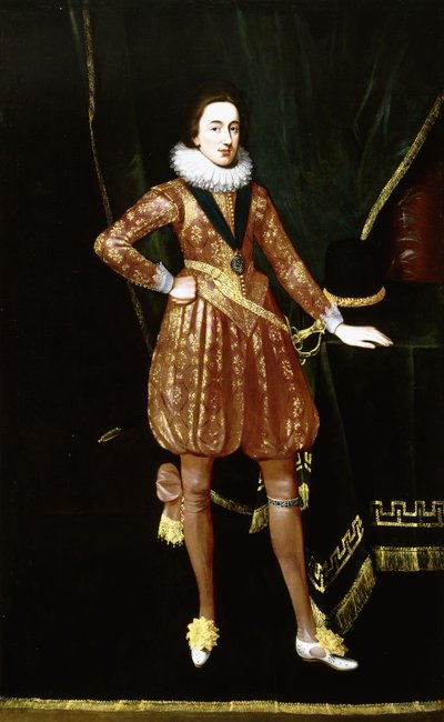 Portrait of King Charles I as the Prince of Wales, Full Length, Before a Green Velvet Drape, Wearing the Order of Saint George, a Gold Embroidered Doublet and Breeches, His Left Hand Resting Beside His Hat on a Table by Daniel Mytens