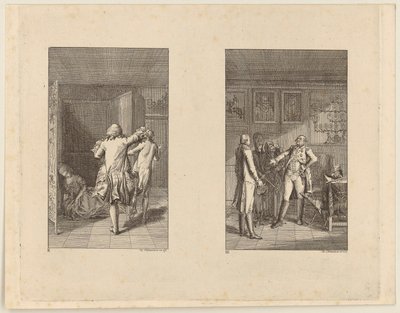 Baron Chases Candide Out of the Castle [left]; Candide, Cunegonde and the Old Woman Before the Governor of Buenos Aires [right] by Daniel Nikolaus Chodowiecki