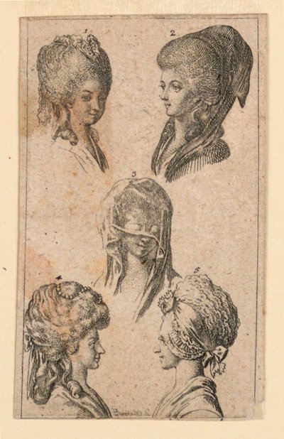 Five Headgears, as Worn by Berlin Women, Illustration for "Königl: Grosbrit [anische] Genealogischer Kalender auf das 1782 Jahr Lauenberg bey J.G. Berenberg" by Daniel Nikolaus Chodowiecki