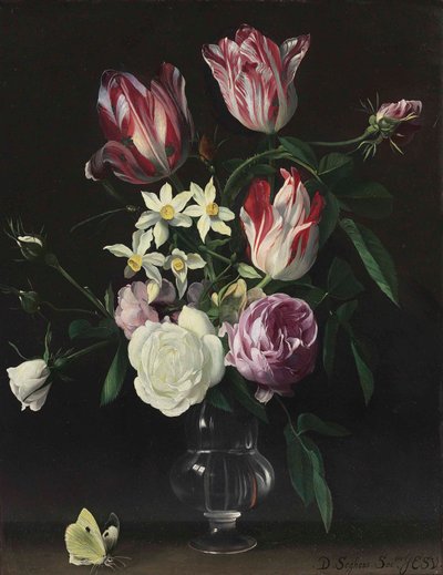 Roses, tulips, and narcissi in a glass vase, with a butterfly, on a ledge by Daniel Seghers