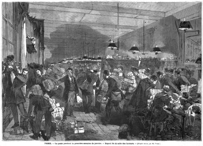 Interior of the Paris Post Office During the First Week of January, the Postmen Room, engraved by Fortune Louis Meaulle by Daniel Urrabieta Vierge