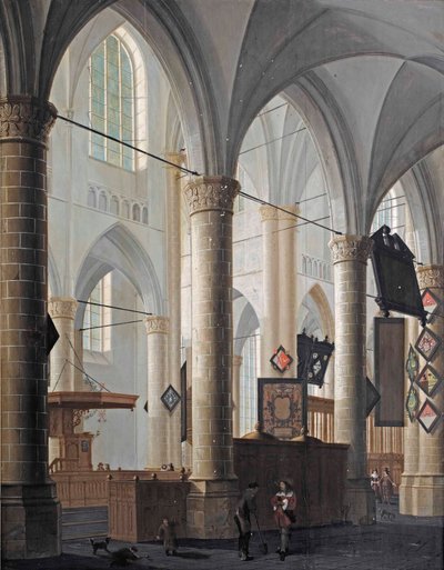 The interior of the Grote Kerk in Dordrecht, with figures conversing and children playing by Daniel de Blieck