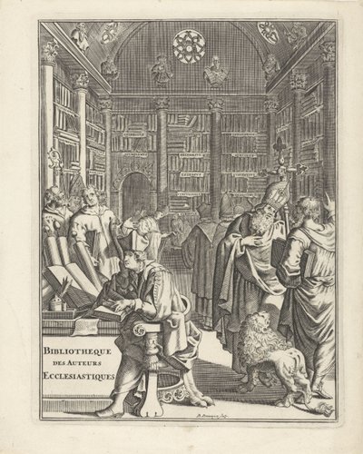 Library Interior with Clerics Title Page for: Bibliotheque des Auteurs Ecclesiastiques, No Date by Daniël met de Penningen
