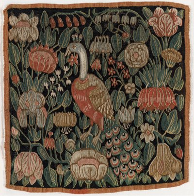 Tapestry cushion cover depicting bird amidst flowers by Danish School