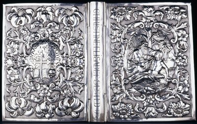 Upper and Lower Book Cover with Foliage and an Image of the Good Samaritan by Danish School