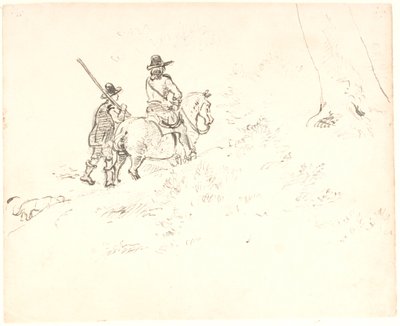 A rider followed by a man on foot, both in old-time attire by Dankvart Dreyer
