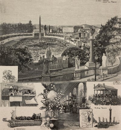 Carnival Festival in Piazza del Popolo seen from Pincio hill, Rome, Italy (engraving) by Dante Paolocci