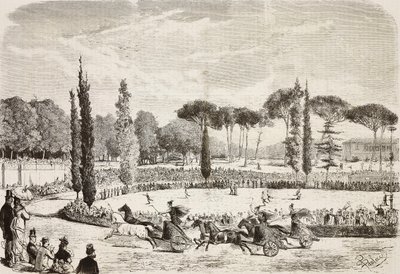Chariot races in Villa Borghese, Rome, Italy, engraving from drawing by Dante Paolocci by Dante Paolocci