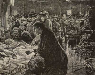 Christmas market in Rome, Italy (engraving) by Dante Paolocci